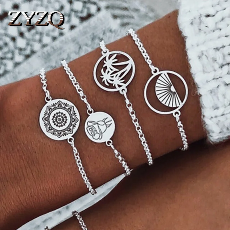 

ZYZQ New Arrival Vintage Women Bracelets Sets Simple Metal Accessories With Round Symbol Gift Chain Bracelets For Girlfriend