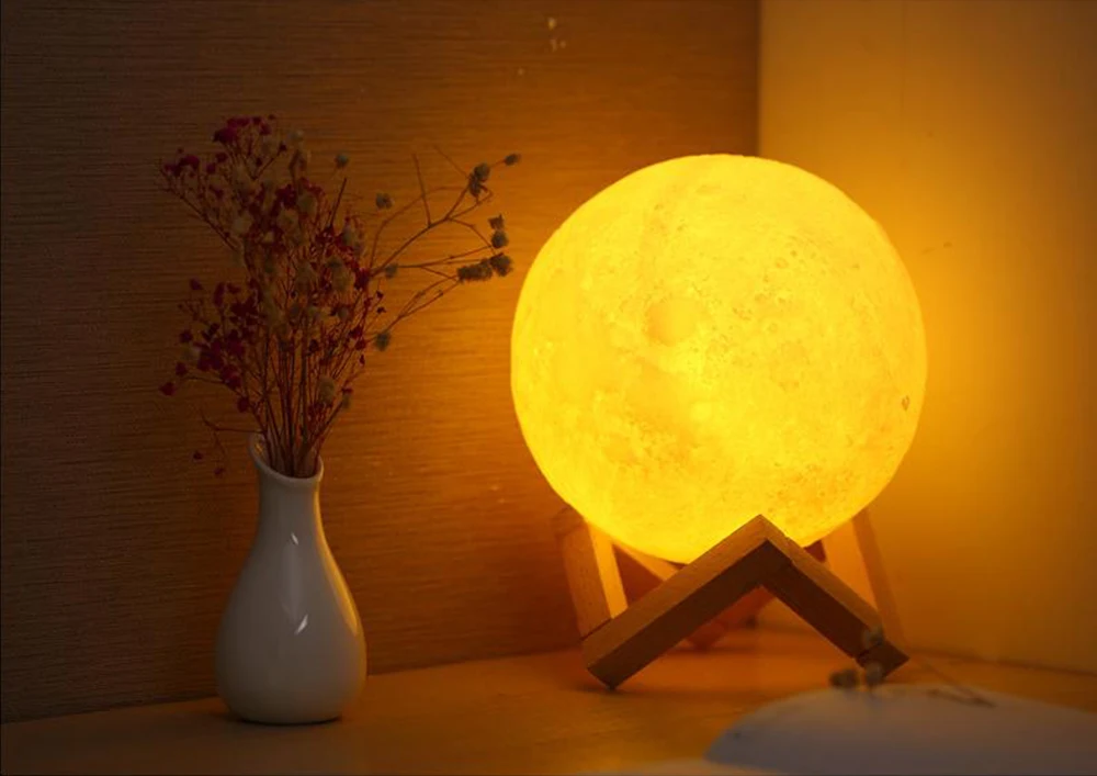 LED Night Light 3D Print Moon Lamp 14CM Battery Powered With Stand Starry Lamp 7 Color Bedroom Decor Night Lights Kids Gift childrens night lights