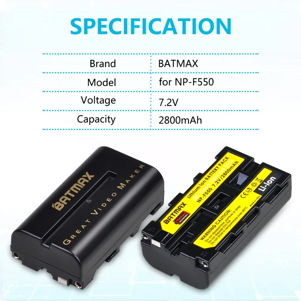 Batmax NP-F550 NP-F570 Battery+LED USB Dual Charger for Yongnuo Viltrox Camera Video Light YN300 II YN300 III YN600 Air T119S