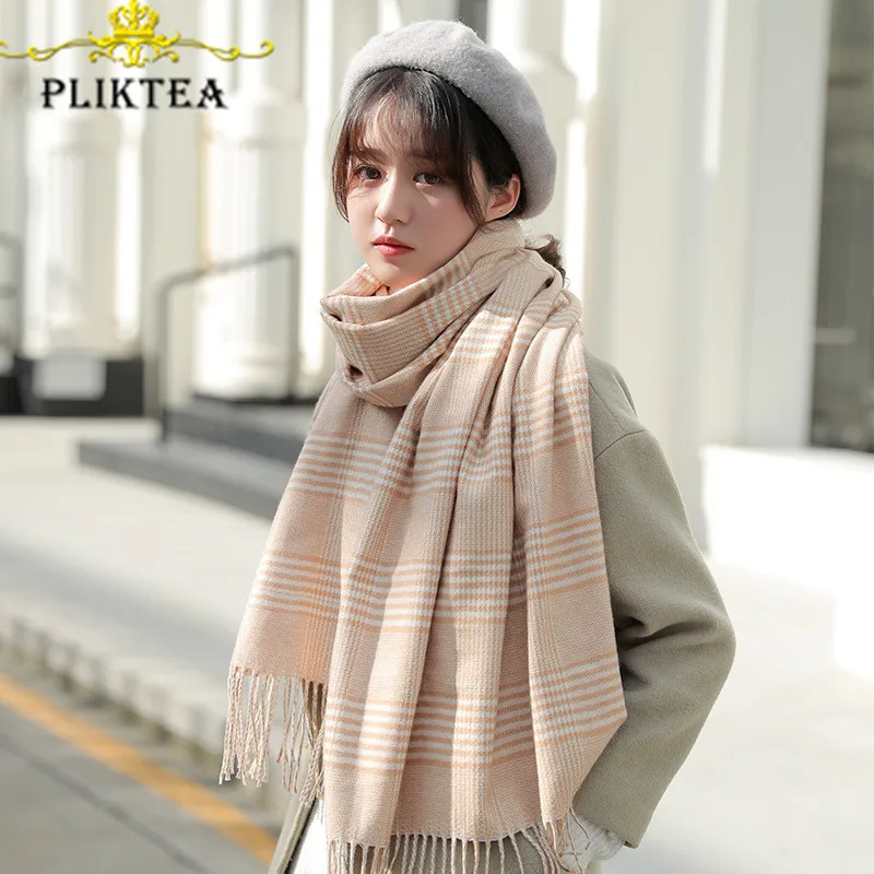 

Elegant Beige Scarf for Women Winter Cashmere Plaid Tippet Scarves Female Winter Cashmere Shawl Wrap Ladies Scarf Women Poncho