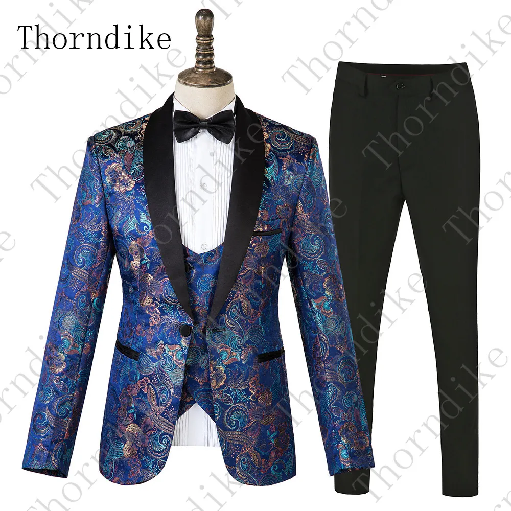 suits 5 Thorndike, мужские костюмы с цветочным принтом, 3 предмета, смокинг с цветочным рисунком, пиджак, королевский синий сценический Свадебный костюм для мужчин(куртка+ жилет+ брюки - Цвет: suits 5