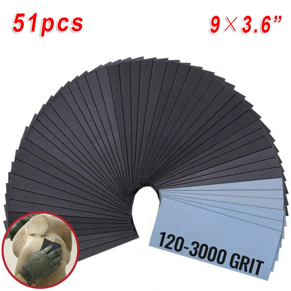 

51pcs Wet/Dry Sandpaper 120 -240 800-3000 320 400 600 Grits 9*3.6 For Polishing