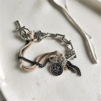 

RUIYI 925 Sterling Silver Women Gun Black Weaving Chain Bracelet Vintage Corss Angel OT Buckle Bracelets Girl Fashion Bracelets