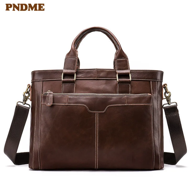 

PNDME business vintage genuine leather men's briefcase casual simple designer cowhide brown travel lawyer laptop shoulder bag