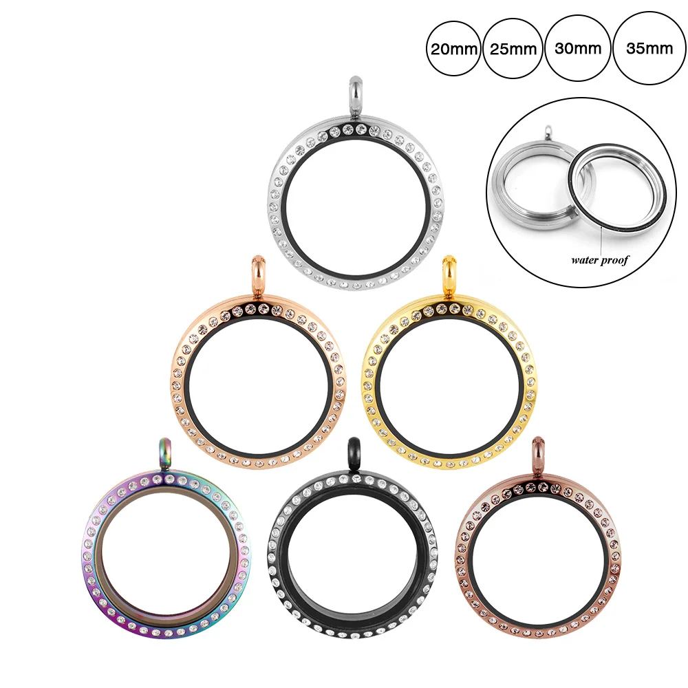 Wholesale with Crystals Floating Lockets Waterproof 20mm 25mm 30mm 35mm 316l Stainless Steel Round Glass Locket Pendant 2