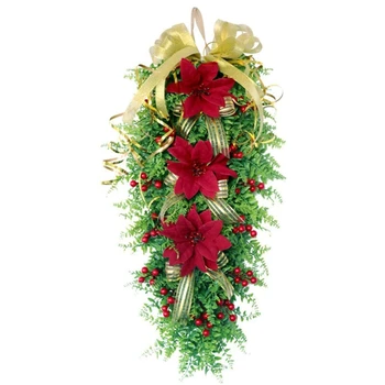 

Christmas Teardrop Swag Poinsettia Persian Grass Teardrop Swag with Gold Ribbon Bows for Xmas Wall Window Decor