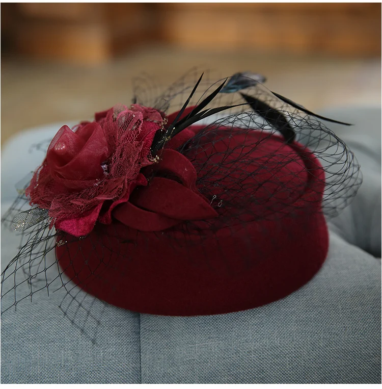 New England retro elegant bowknot mesh wool stewardess hat small bowler hat casual berets