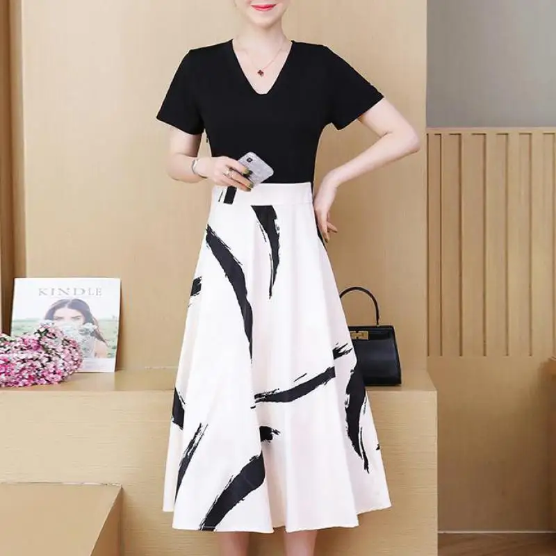 

50-100kg L-5XL V-neck Knee-length A-line Chiffon Black Beige Ink Color Patchwork Summer Women Cocktail Dresses plus size dress