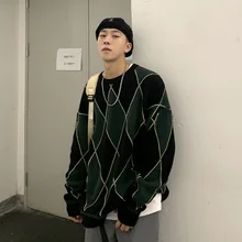 QIWN Winter Contrasting Color Sweater Diamond Plaid Thickened Sweater Men's Knitwear Round Neck Pullover Loose Sweater