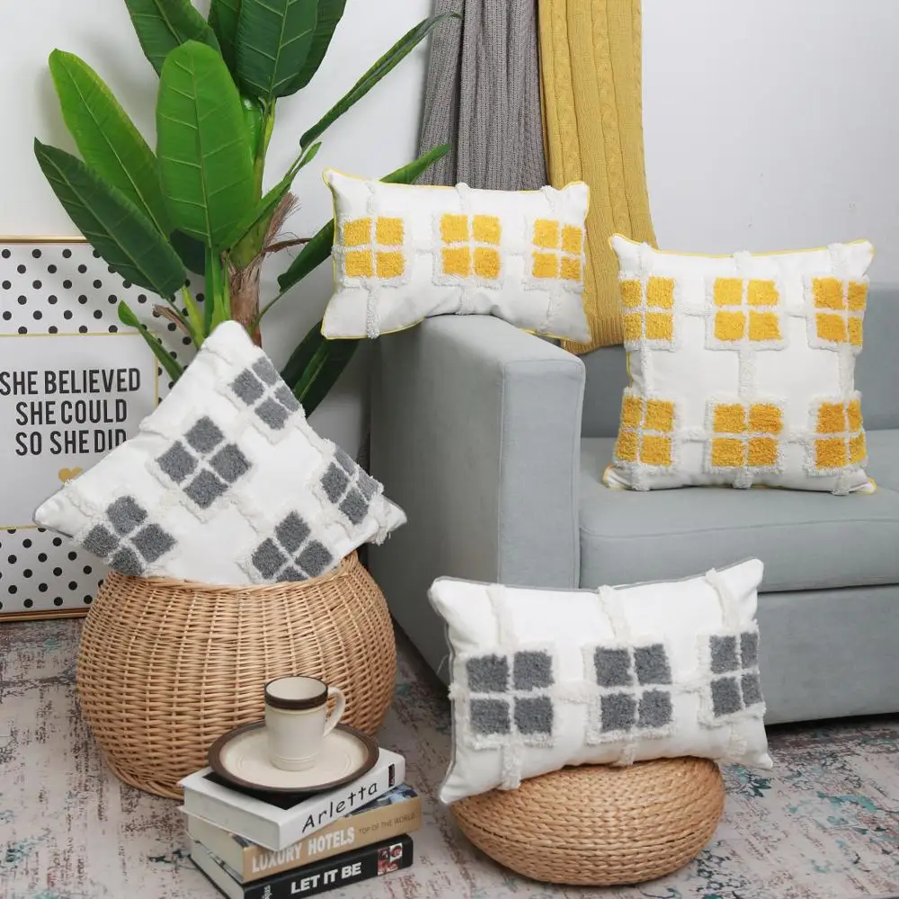 

Plaid tufted 45x45cm pillow wish cotton canvas plaid square pillow cushion embroidered pillow