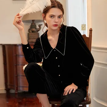 

Long Sleeve Pajamas Women's Autumn and Winter Gold Velvet Can Wear Loose French Style Lapel with Pearl Solid Color Household