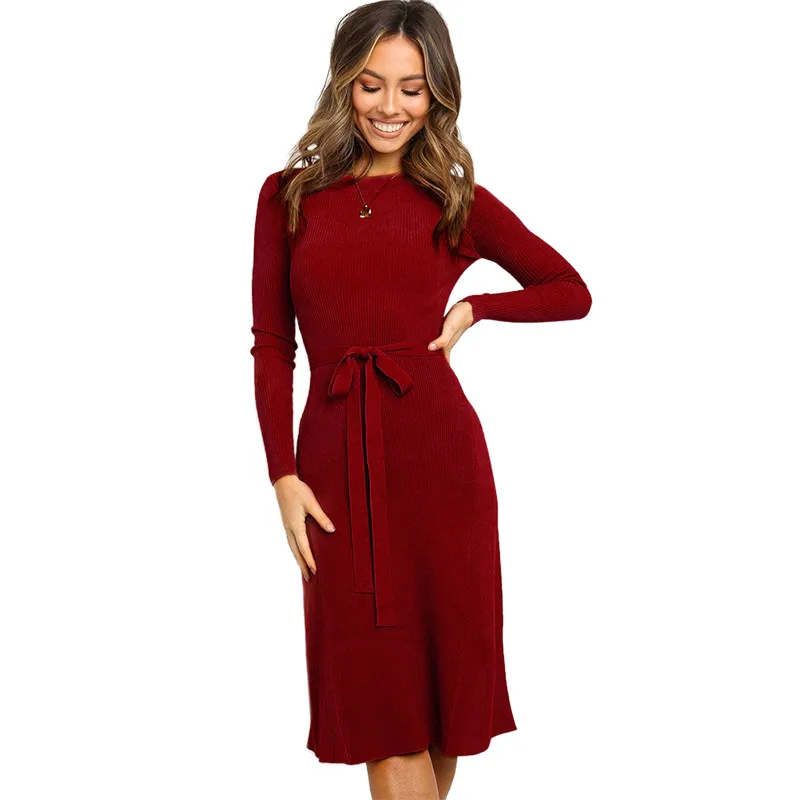 

Zoulv Women's Long-sleeved Knit Dress 2020 Autumn and Winter New Slim Solid Color Wild High Waist Bottoming Dress