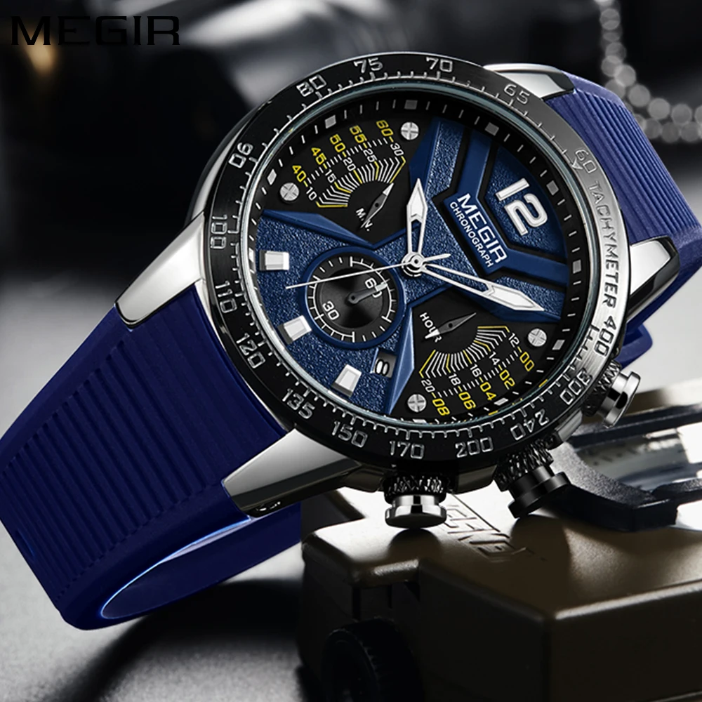 MEGIR 2020 Модные мужские спортивные часы с хронографом водонепроницаемые