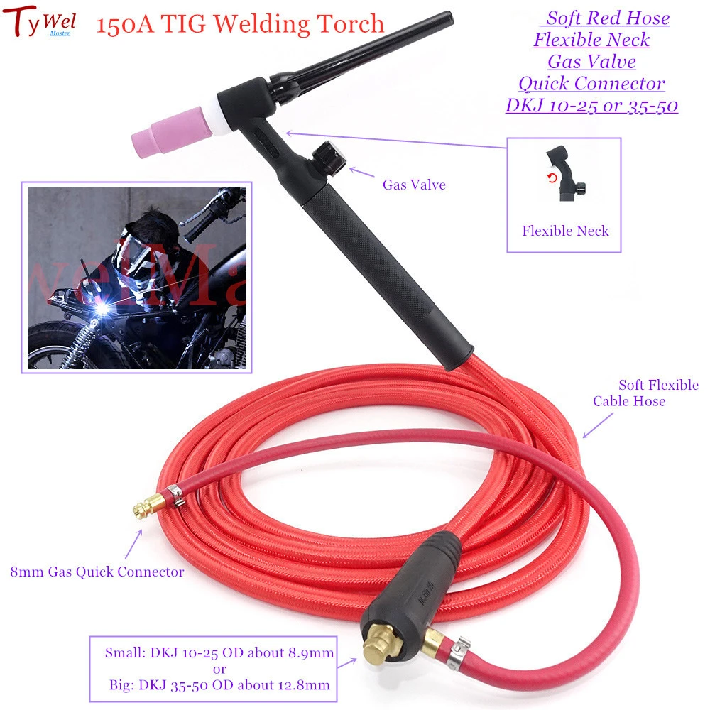 150a Tig Welding Torch 3m/5m Soft Red Hose Flexible Gas Valve Quick