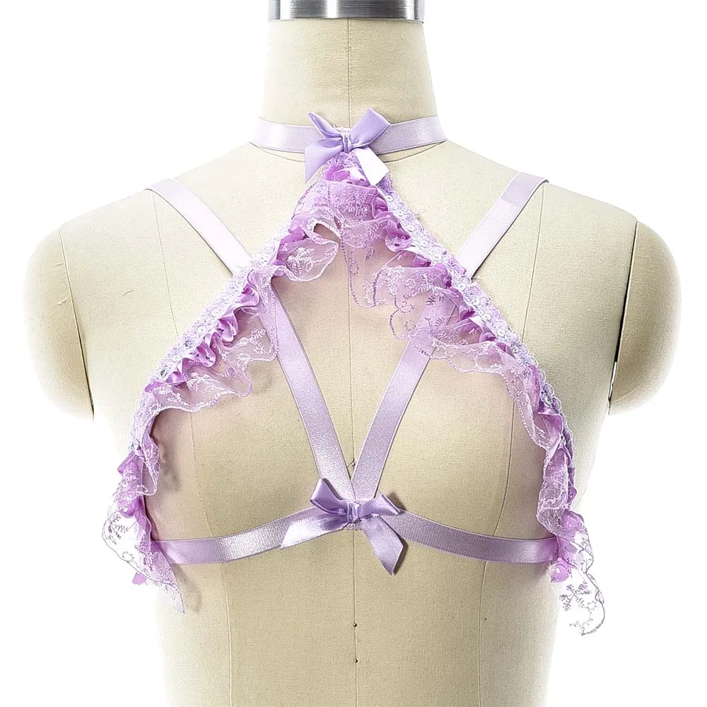 

Kawaii Open Chest Harness Bra Light Purple Woman Lace Body Cage Dream Sexy Wedding Lingerie Bondage Body Harness Bow Cage Bra