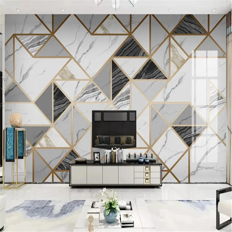 Large 3D Wallpaper Mural Custom Golden Line Geometric Jazz White Marble TV Background Wall Tile Mural