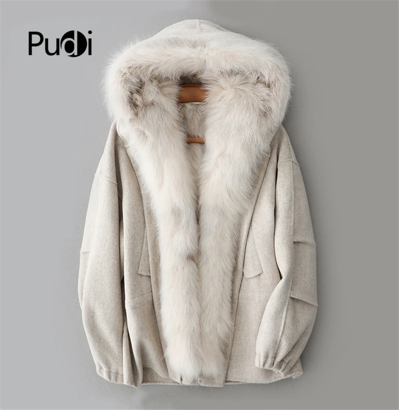 

PUDI ZY18703 Women real wool fabric warm coat lady Rex fur lining fox fur collar leisure Fall/Winter wool long outwear