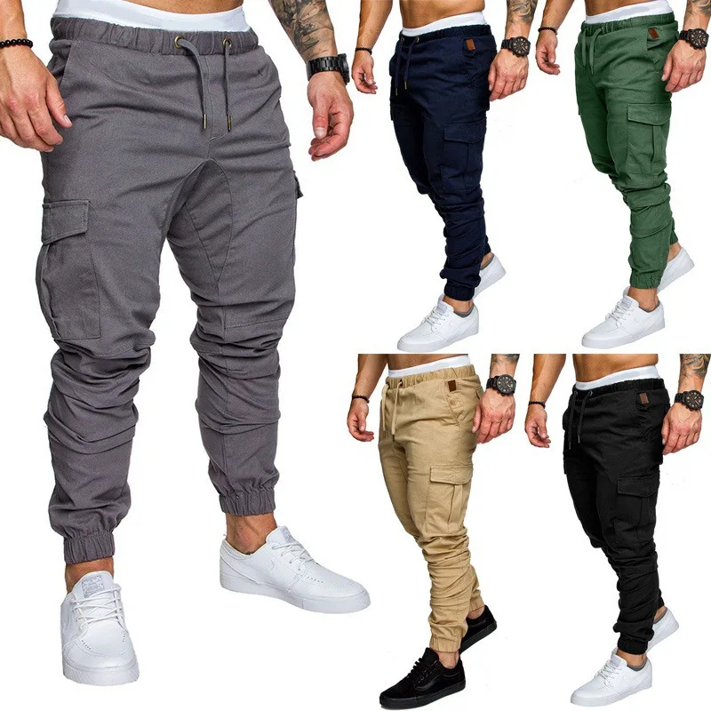 Мужская Рабочая одежда с несколькими карманами, мужские брюки с плетением на лодыжке, однотонные брюки кэжуал, цветные мужские брюки