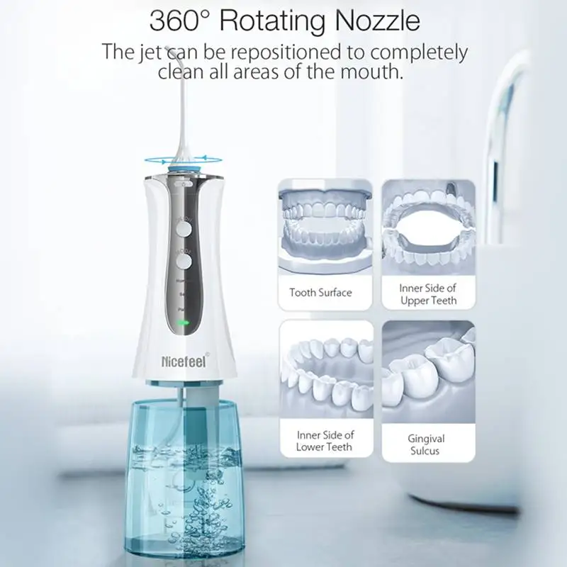 Goede Nicefeel Monddouche USB Oplaadbare 3 Modes Draadloze Water Tandheelkundige Flosser Waterdicht Tanden Cleaner met 2 Jet Tips 300ml