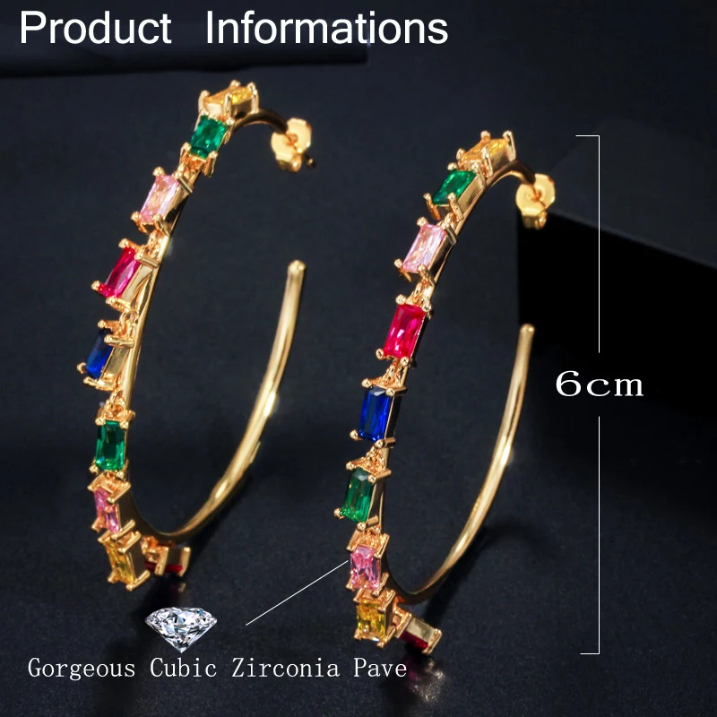 CWWZircons Large Gold Color Round Circle Pendant Hoop Dropping CZ Zircon Charm Earring Bohemia Women Fashion Jewelry CZ610