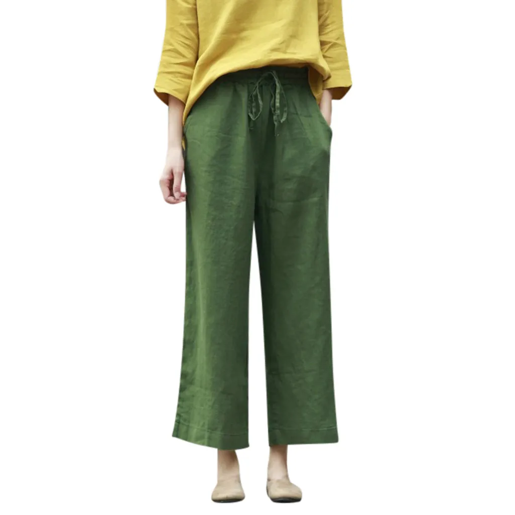 Green Широкие брюки шаровары женские Boho Брюки повседневные осенние свободные хлопковые льняные комбинезоны брюки плюс размер неоновые однотонные - Color: Green