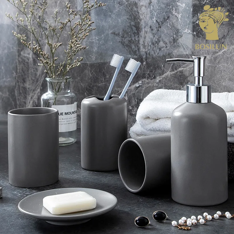 

Nordic Ceramic Bathroom Toiletries Simple Home Bathroom Ceramic Lotion Bottle Mouthwash Cup Toothbrush Holder Storage Tray
