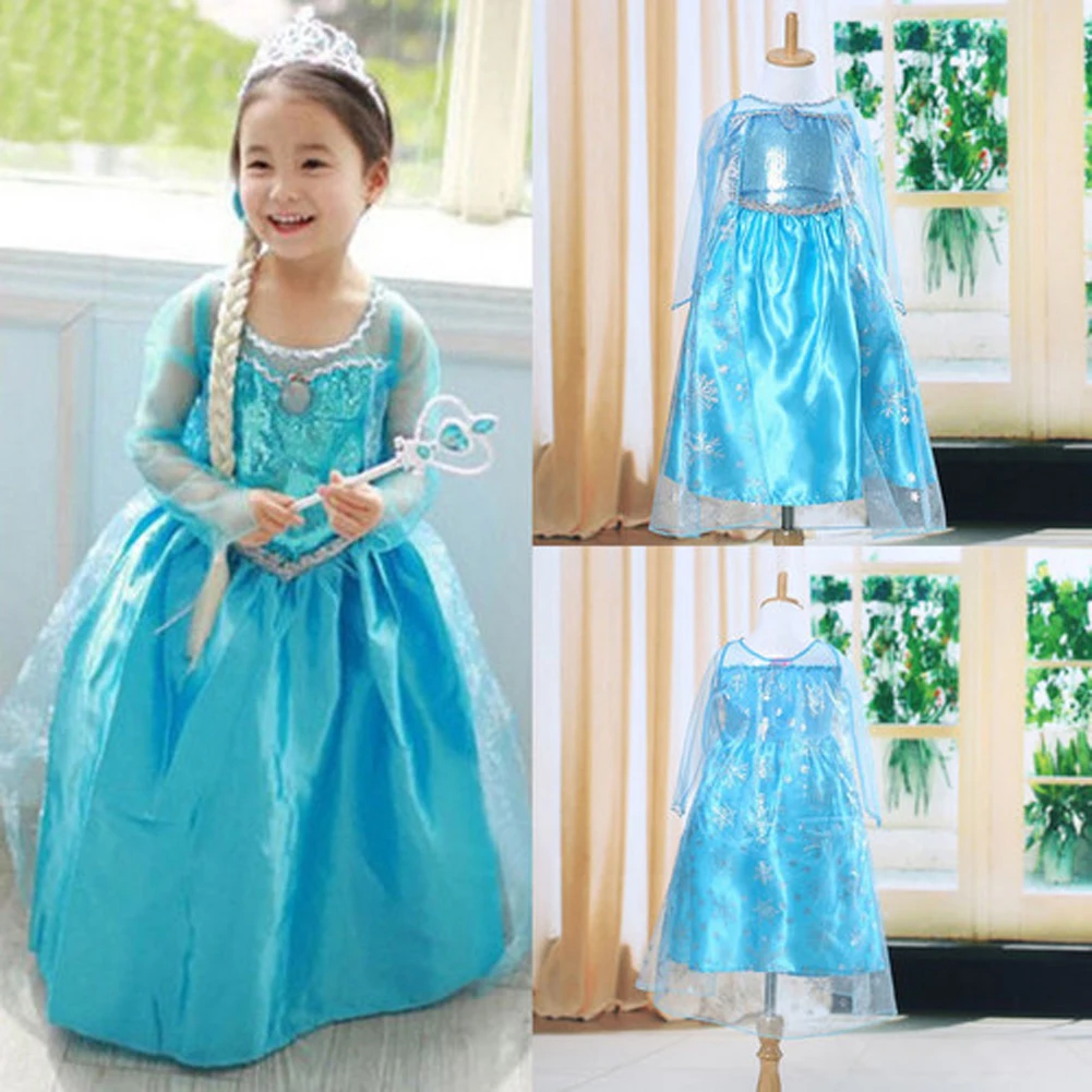 Lovely Baby Girls Dress Kids Frozen Costume Dress Snow Princess Queen Dress Party Gown Cosplay Tulle Dresses For Girls 3-8Y