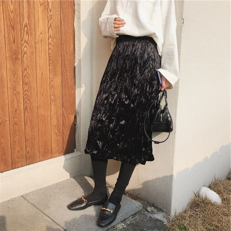 

Fog Blue Luster Free Form Creased Versatile Elastic Waist Velvet Skirt 2019 Early Spring Skirt Women's