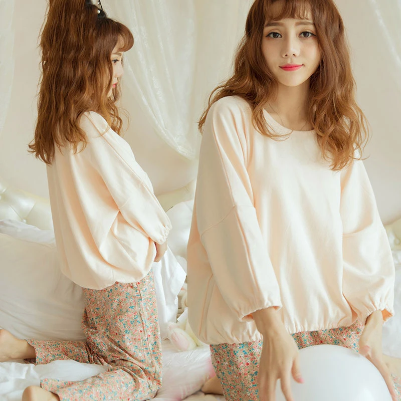 Женский пижамный комплект с милым принтом на осень и зиму, топы с длинными рукавами и круглым вырезом и штаны, Женская домашняя одежда