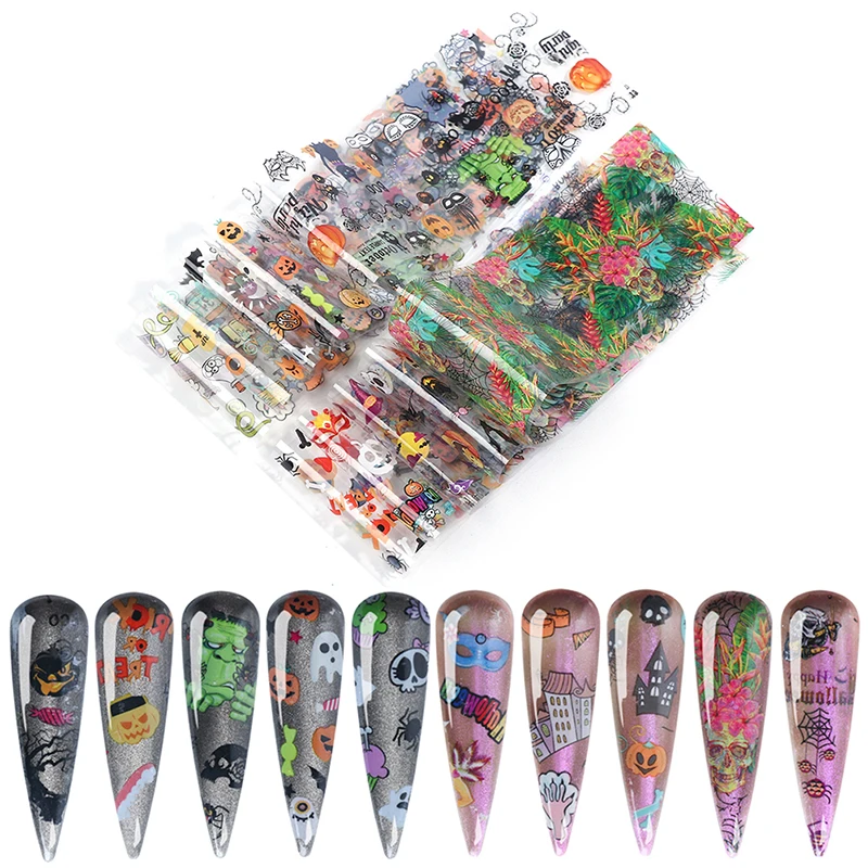 10pcs Transfer Foils Pumpkin Cat Witch Skull Slide Sticker Polish Decal Adhesive Nail Art Foil Set Halloween Nail Designs