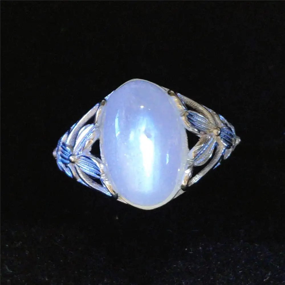 

100% Natural Moonstone Blue Light Crystal Adjustable Ring All Size Women Men 14x9mm 925 Silver Love Gift Fashion Ring AAAAA