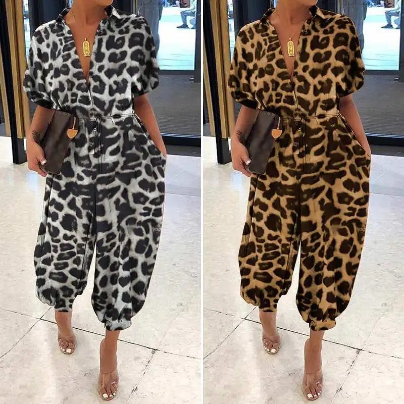 

Celmia Leopard Print Rompers Women Vintage Jumpsuits Female Short Sleeve Cargo Pants Button Casual Loose Plus Size Harem Overall