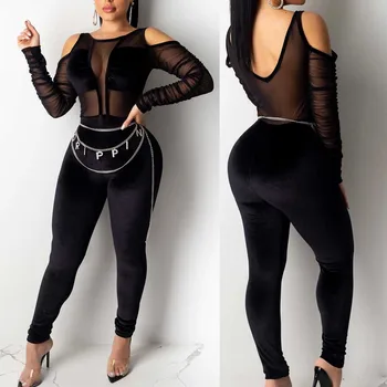 

jumpsuits for women 2020 summer Women Mesh Perspective Leaky Shoulder Long Sleeve Velvet Jumpsuits Playsuit Trou боди