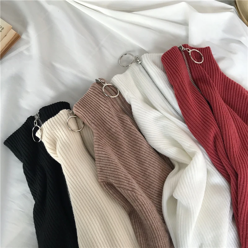 2022 Knitted Women Zipper High Neck Sweater Pullovers Turtleneck Autumn Winter Basic Women Sweaters Slim Fit Black Pull Femme