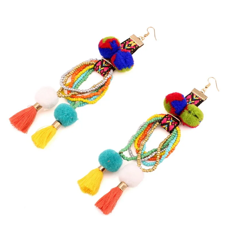 Florosy Long Cotton Ball Tassel Pendant Earrings For Women Chunky Colorful Acrylic Bead Handmade Vintage Ethnic Dangle Earrings