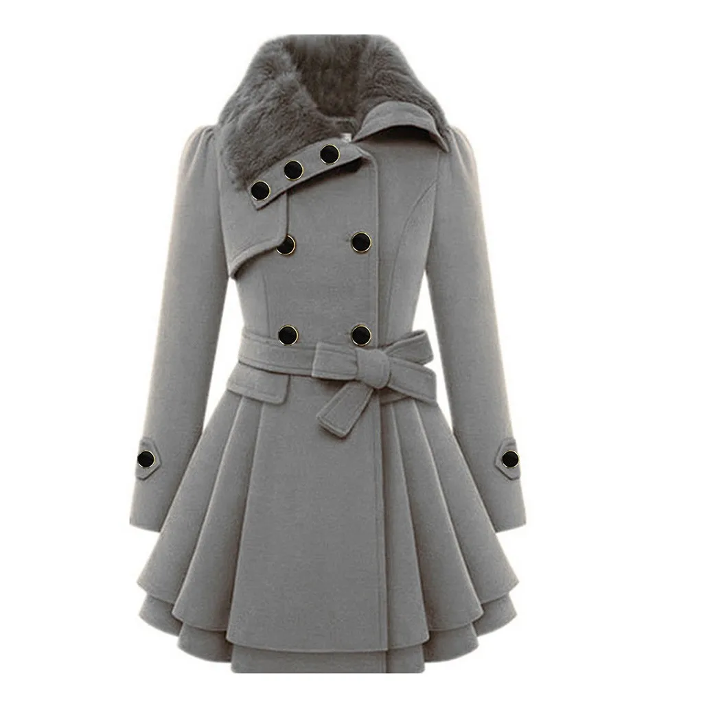 Feitong Vinatge, женское плотное теплое пальто, женская ветровка, верхняя одежда на пуговицах, асимметричный подол, плащ, пальто, женская шерстяная куртка - Цвет: Серый