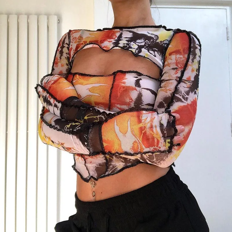 Summer 2022 Spring Women Bodycon Mesh T-Shirt Hollow Out Tie Dye Printed Party O-Neck Tees Long Sleeve Sexy Crop Tops Female off white t shirt