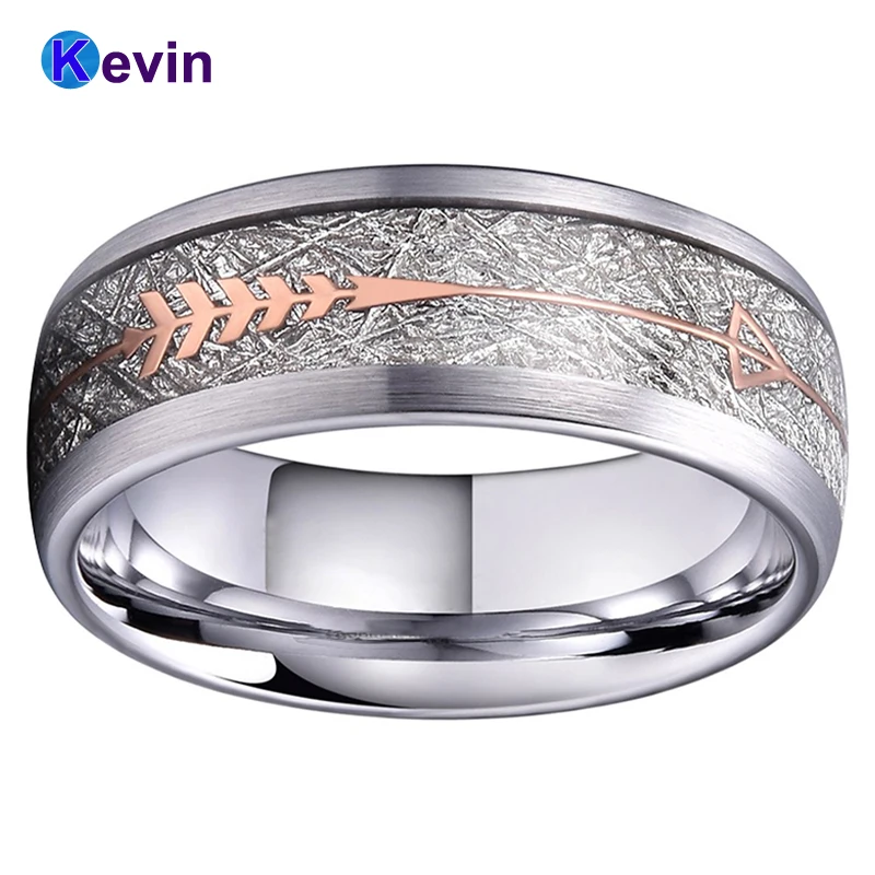 Günstige Silber Hochzeit Bands Silber Ring Wolfram Hartmetall Ring Mit Rose Gold Stahl Pfeil Und Weiß Meteorit Inlay Neuheiten