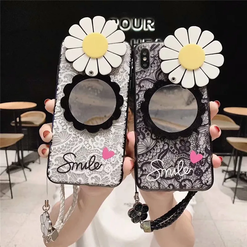 

GYKZ 3D Daisy Flower Lace Mirror Phone Case For iPhone 7 XS MAX XR X 8 6 6s Plus Soft Pendant Cover For Samsung Galaxy S7 S8 S10