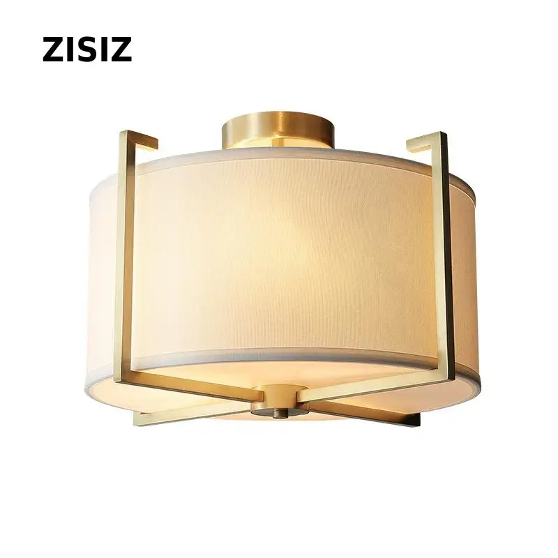 

American Simple LED Ceiling Lamp for Bedroom Copper Nordic Living Room Light Round Warm Fabric Lampshade Study Hanglamp Fixtures