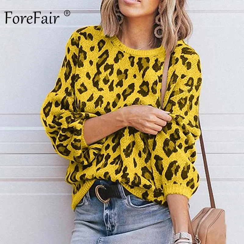 Tanie Forefair Casual sweter lampart Women Winter Plus rozmiar latarnia rękaw O Neck luźny żółty szeroki sweter sweter z dzianiny