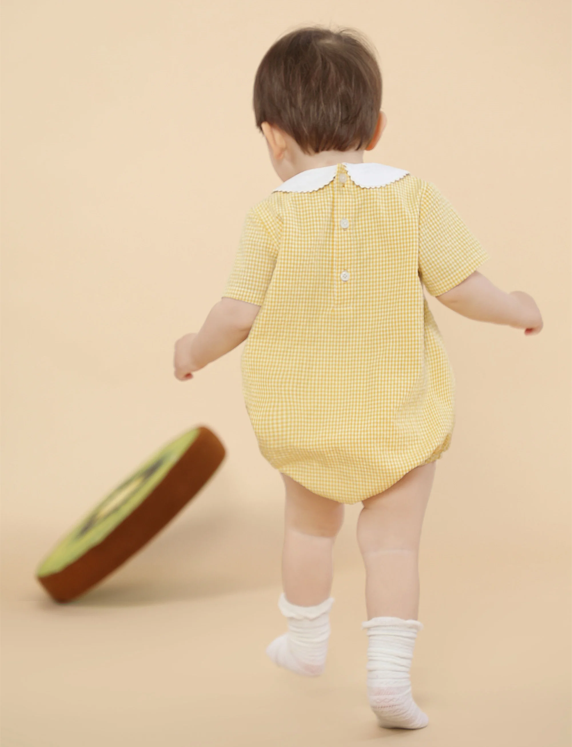 Spanish Baby Girl Plaid Romper Summer Newborn Embroidery Flower Cotton Jumpsuit Infant Baptism Yellow Rompers Toddler Clothes