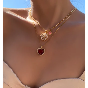 

Brass With 18K Gold Red Rhinestone Zircon Heart Floral Necklaces Women Jewelry Punk Party Designer Club T Show Korea Japan