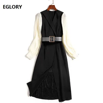 

Elegant Work Dress 2020 Spring Style Women Notched Collar Color Block Sleeve Patchwork Belted Straight Mid-Calf Dress Split Sexy