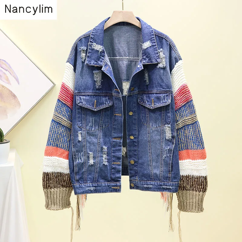 

2019 Fall New Loose Hole Tassel Splice Knitting Wool Sleeve Denim Jacket Short Coat Fashion Women's Streetwear Student Jackets