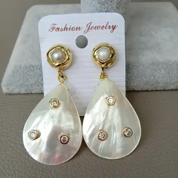 

White Shell White Cultured Natural Pearl Cz pave Gold Plated Earrings