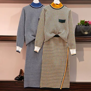 

2019 Autumn Knitted Plaid Two Piece Sets Women Outfits Elegant Korean Knit Long Sleeve Sweater Top Skirt Suits