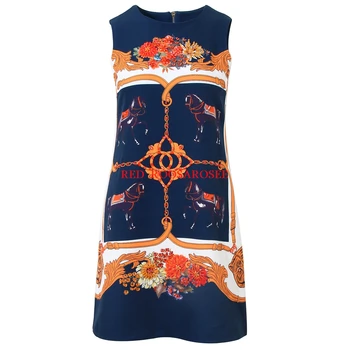

Red RoosaRosee Luxury Crystals Floral Print Sleeveless Dark Blue Designer Women Summer Dress 2020 Dresses Lady Party Vestidos
