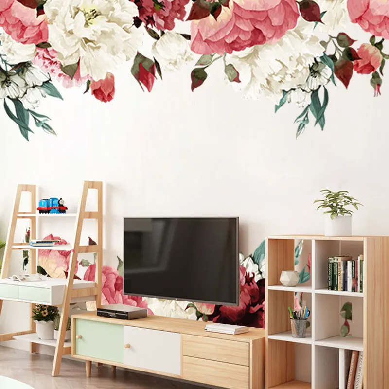 

Peony Flowers Wall Sticker, Mixed Red Watercolor Peony Baseboar Wall Stickers - Peel and Stick Removable Stickers