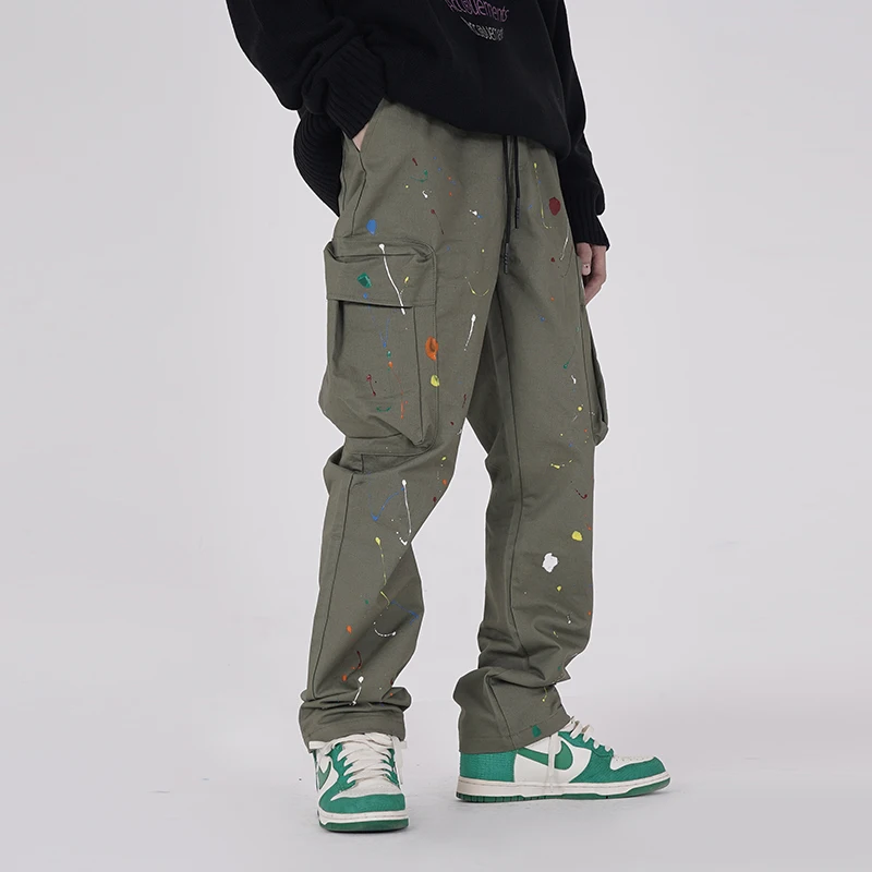 Pocket-Trousers Cargo-Pants Drawstring Streetwear Harajuku Casual Mens Loose Painted